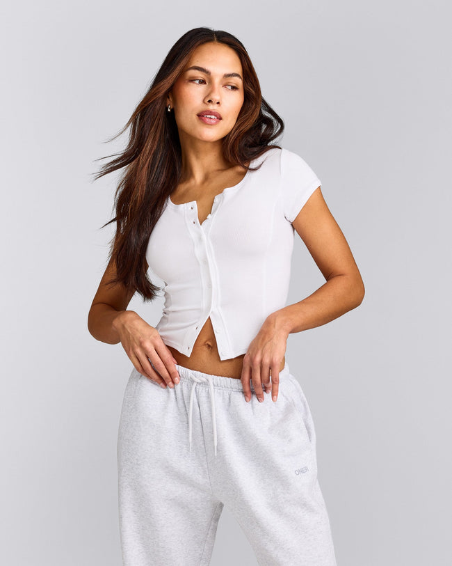 Mellow™ Rib Mid Short Sleeve Cardigan | White