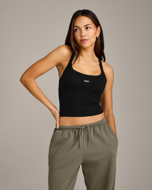 Mellow™ Rib Racer Back Mid Tank Top with Built in Bra Shelf | Black