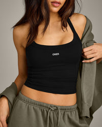 Mellow™ Rib Racer Back Mid Tank Top with Built in Bra Shelf | Black