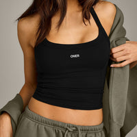 Mellow™ Rib Racer Back Mid Tank Top with Built in Bra Shelf | Black