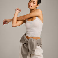 Mellow™ Rib Racer Back Mid Tank Top with Built in Bra Shelf | Oat Marl