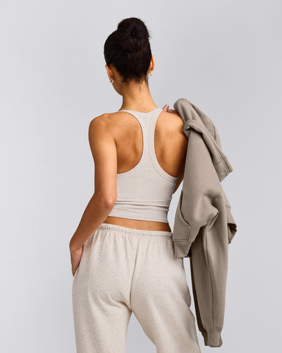 Mellow™ Rib Racer Back Mid Tank Top with Built in Bra Shelf | Oat Marl