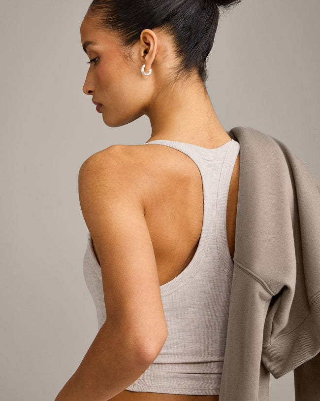 Mellow™ Rib Racer Back Mid Tank Top with Built in Bra Shelf | Oat Marl