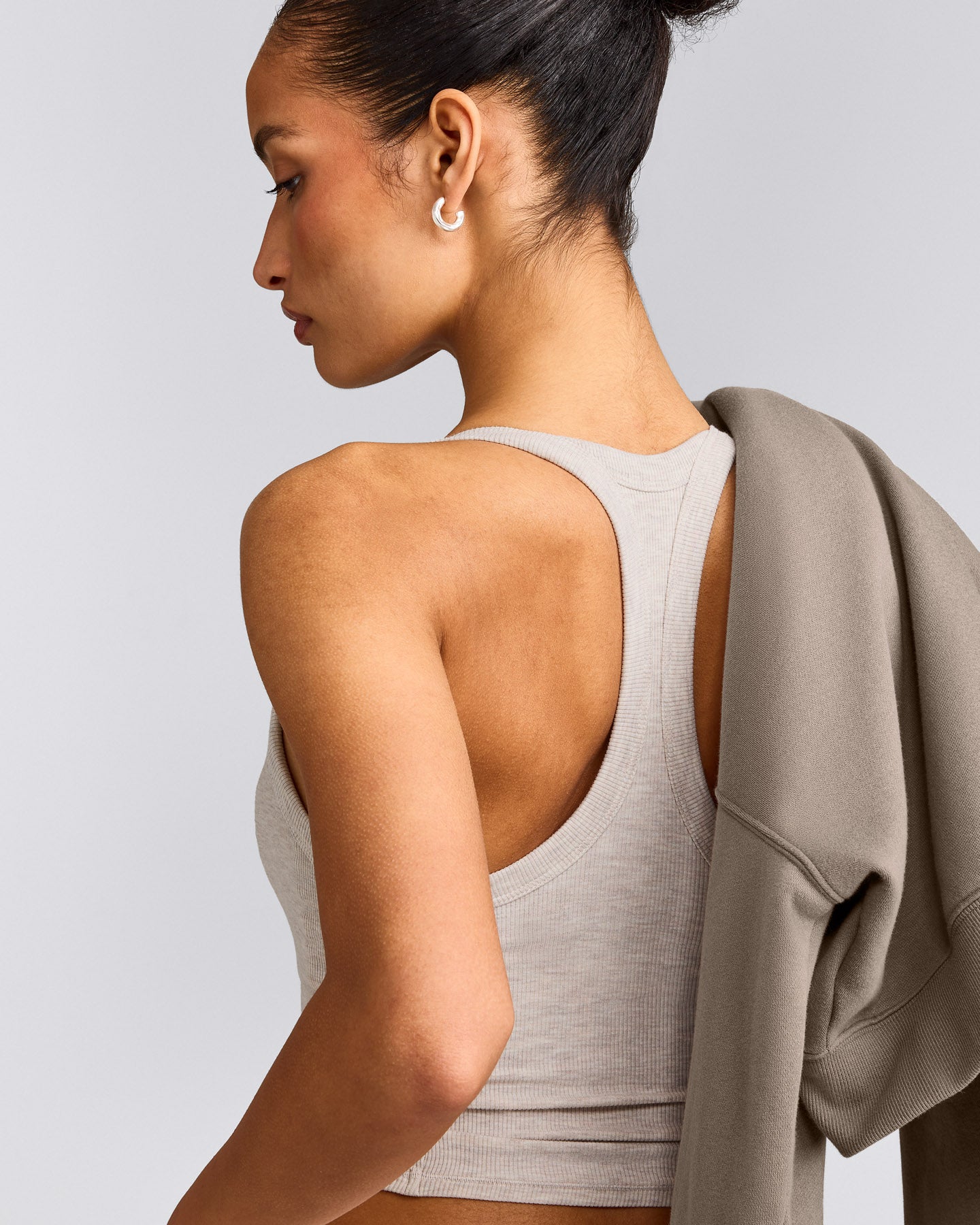 Mellow™ Rib Racer Back Mid Tank Top with Built in Bra Shelf | Oat Marl