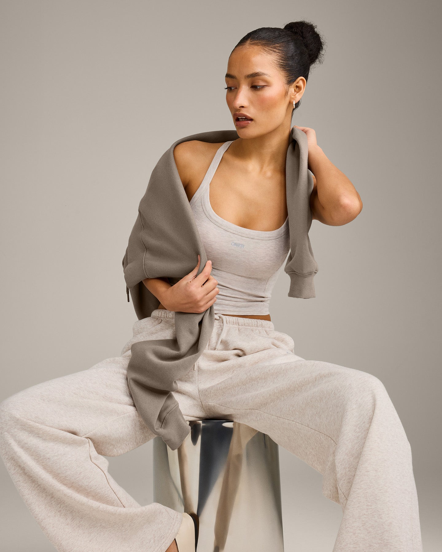 Mellow™ Rib Racer Back Mid Tank Top with Built in Bra Shelf | Oat Marl