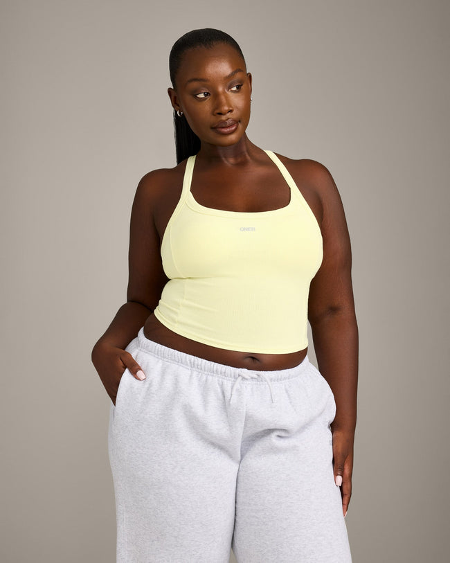 Mellow™ Rib Racer Back Mid Tank Top with Built in Bra Shelf | Pastel Yellow