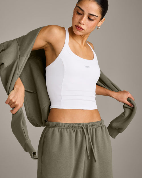 Mellow™ Rib Racer Back Mid Tank Top with Built in Bra Shelf | White
