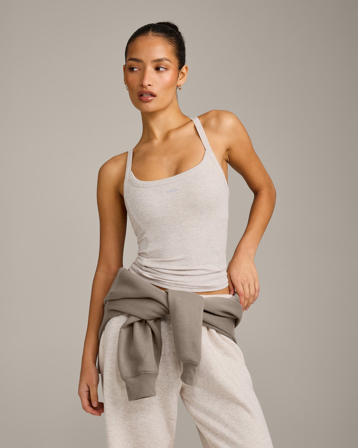 Mellow™ Rib Racer Back Tank Top with Built in Bra Shelf | Oat Marl