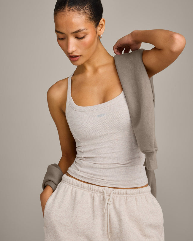 Mellow™ Rib Racer Back Tank Top with Built in Bra Shelf | Oat Marl