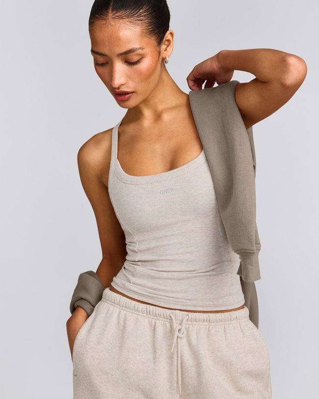Mellow™ Rib Racer Back Tank Top with Built in Bra Shelf | Oat Marl