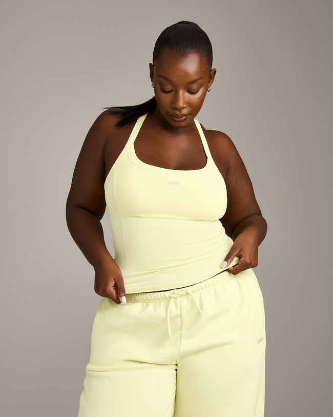 Mellow™ Rib Racer Back Tank Top with Built in Bra Shelf | Pastel Yellow