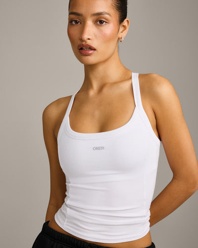 Mellow™ Rib Racer Back Tank Top with Built in Bra Shelf | White