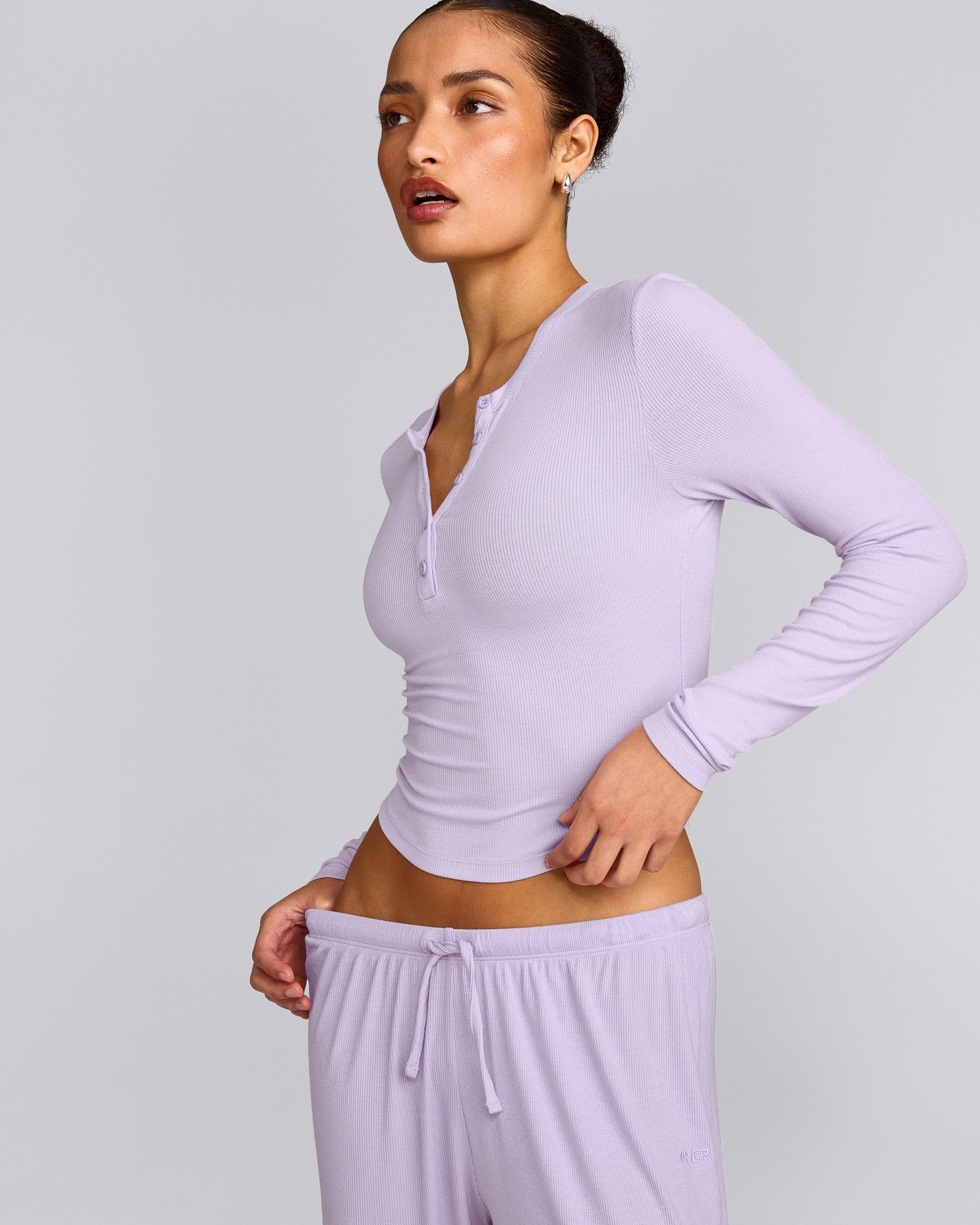 Oner At Home Night Button Down Long Sleeve Top | Light Lavender Purple