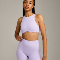 SoftMotion™ High Neck Sports Bra with Gray Logo | Lavender Purple