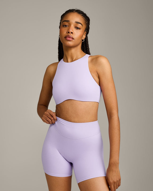 SoftMotion™ High Neck Sports Bra with Gray Logo | Lavender Purple
