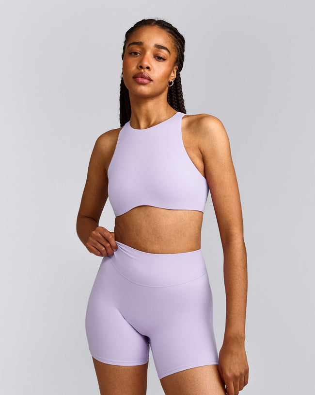 SoftMotion™ High Neck Sports Bra with Gray Logo | Lavender Purple