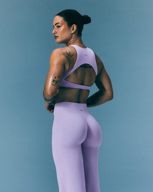 SoftMotion™ High Neck Sports Bra with Gray Logo | Lavender Purple