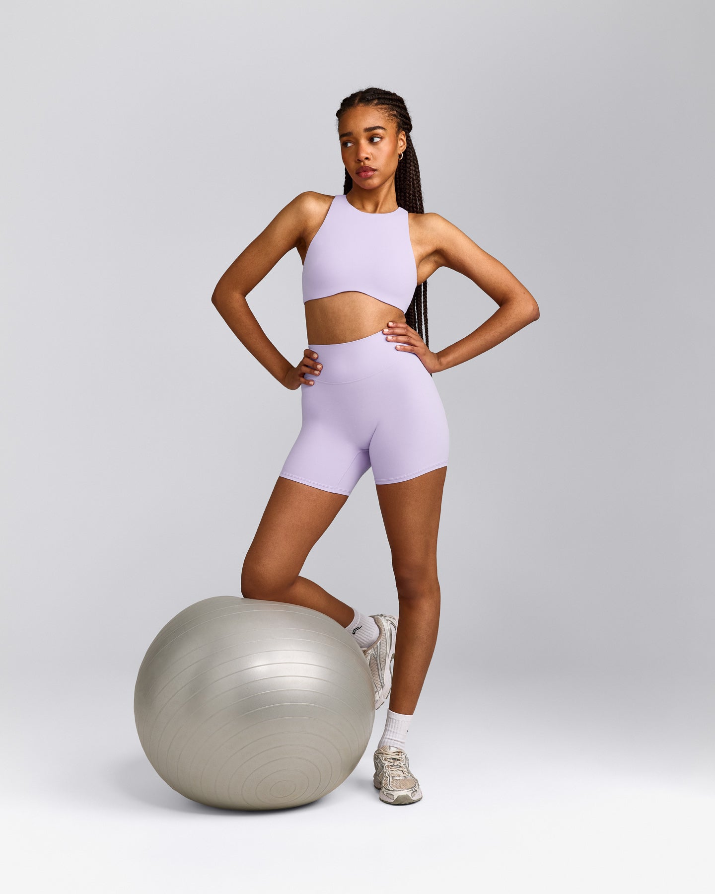 SoftMotion™ High Neck Sports Bra with Gray Logo | Lavender Purple