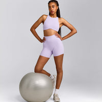 SoftMotion™ High Neck Sports Bra with Gray Logo | Lavender Purple