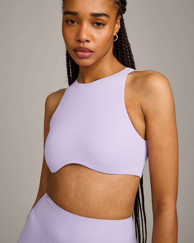SoftMotion™ High Neck Sports Bra with Gray Logo | Lavender Purple