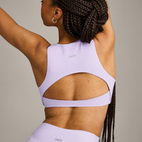 SoftMotion™ High Neck Sports Bra with Gray Logo | Lavender Purple