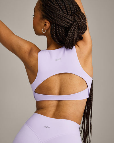 SoftMotion™ High Neck Sports Bra with Gray Logo | Lavender Purple