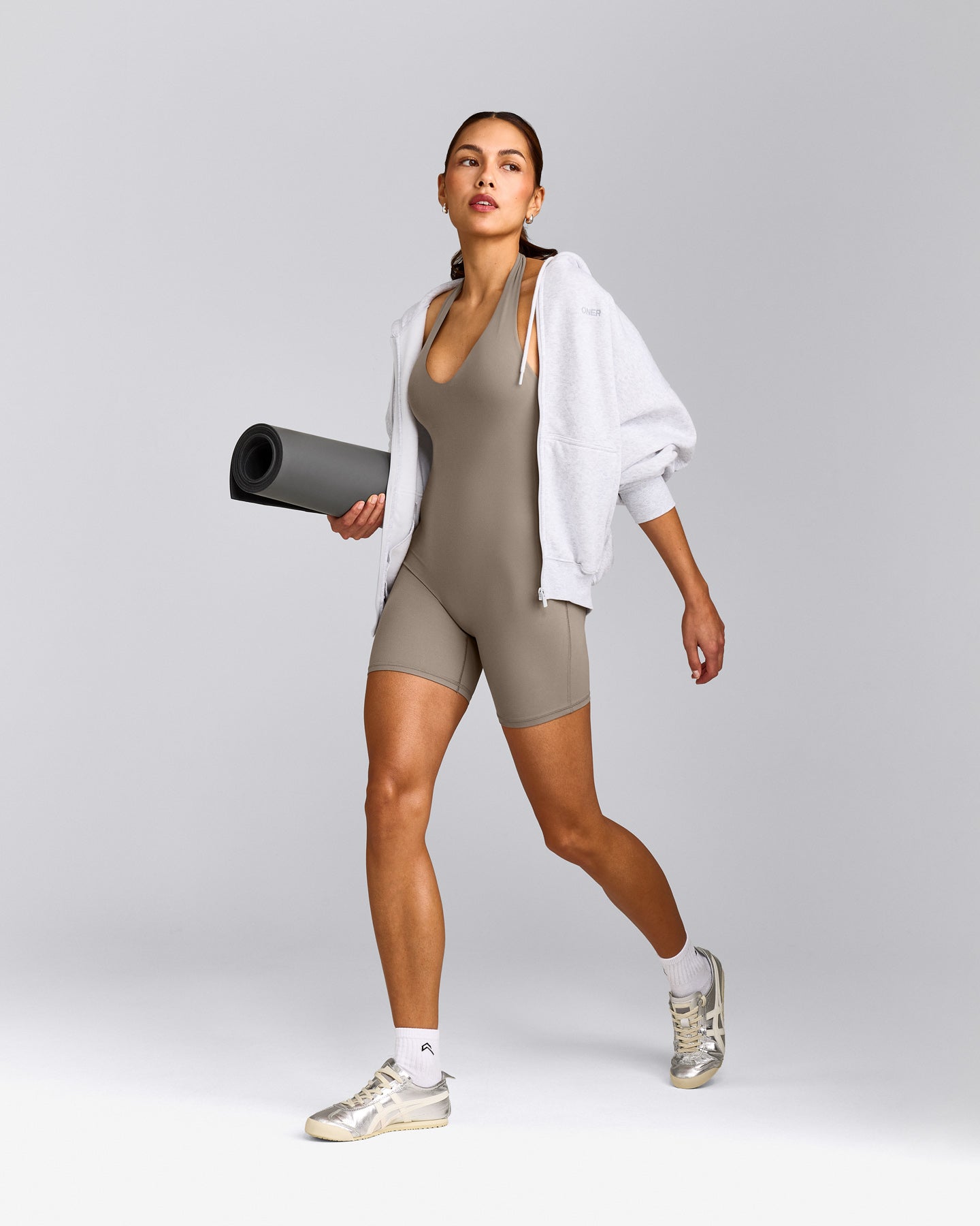 SoftMotion™ Halter Neck All In One Short with Gray Logo | Minky