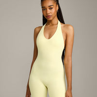 SoftMotion™ Halter Neck All In One Short with Gray Logo | Pastel Yellow