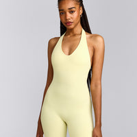SoftMotion™ Halter Neck All In One Short with Gray Logo | Pastel Yellow