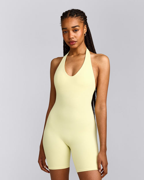 SoftMotion™ Halter Neck All In One Short with Gray Logo | Pastel Yellow