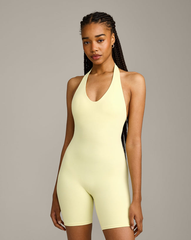 SoftMotion™ Halter Neck All In One Short with Gray Logo | Pastel Yellow