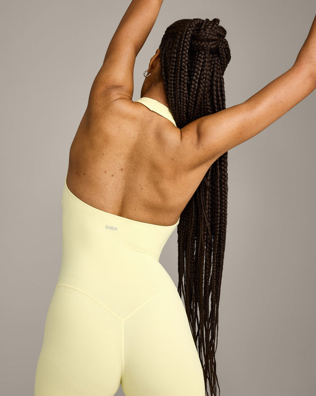 SoftMotion™ Halter Neck All In One Short with Gray Logo | Pastel Yellow