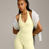 SoftMotion™ Halter Neck All In One Short with Gray Logo | Pastel Yellow