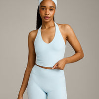 SoftMotion™ Halter Neck Mid Tank Top with Built in Bra Shelf with Gray Logo | Cloud Blue