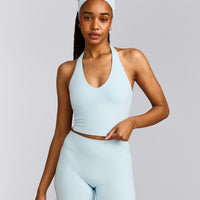 SoftMotion™ Halter Neck Mid Tank Top with Built in Bra Shelf with Gray Logo | Cloud Blue