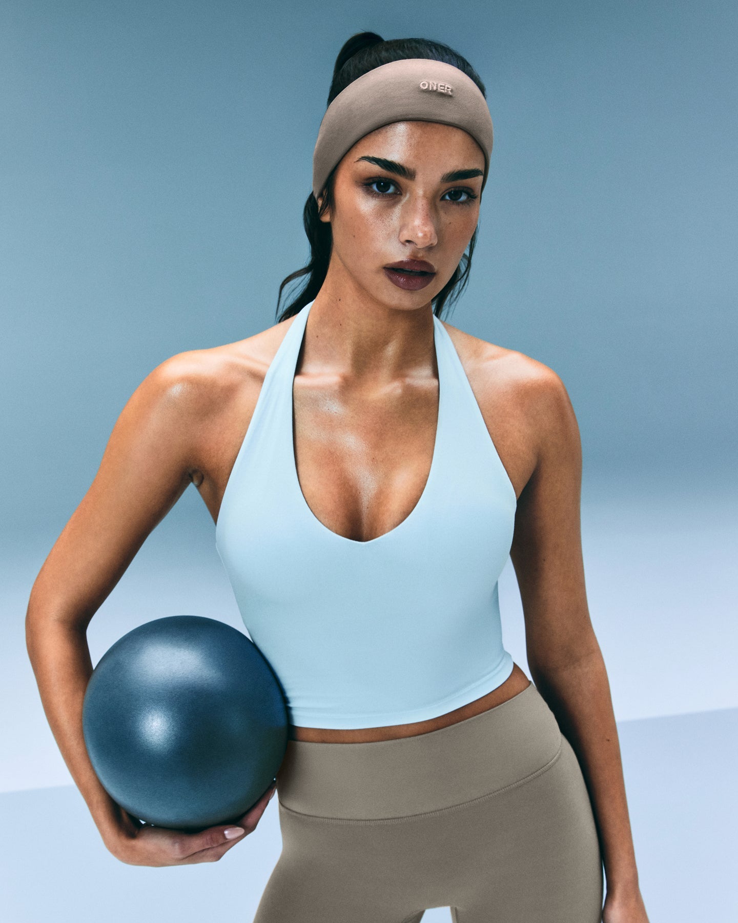 SoftMotion™ Halter Neck Mid Tank Top with Built in Bra Shelf with Gray Logo | Cloud Blue