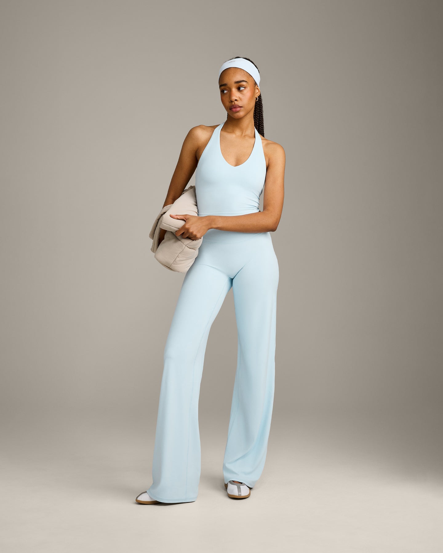 SoftMotion™ Halter Neck Mid Tank Top with Built in Bra Shelf with Gray Logo | Cloud Blue