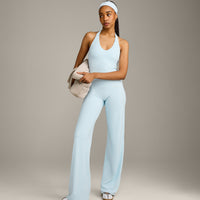 SoftMotion™ Halter Neck Mid Tank Top with Built in Bra Shelf with Gray Logo | Cloud Blue
