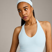 SoftMotion™ Halter Neck Mid Tank Top with Built in Bra Shelf with Gray Logo | Cloud Blue