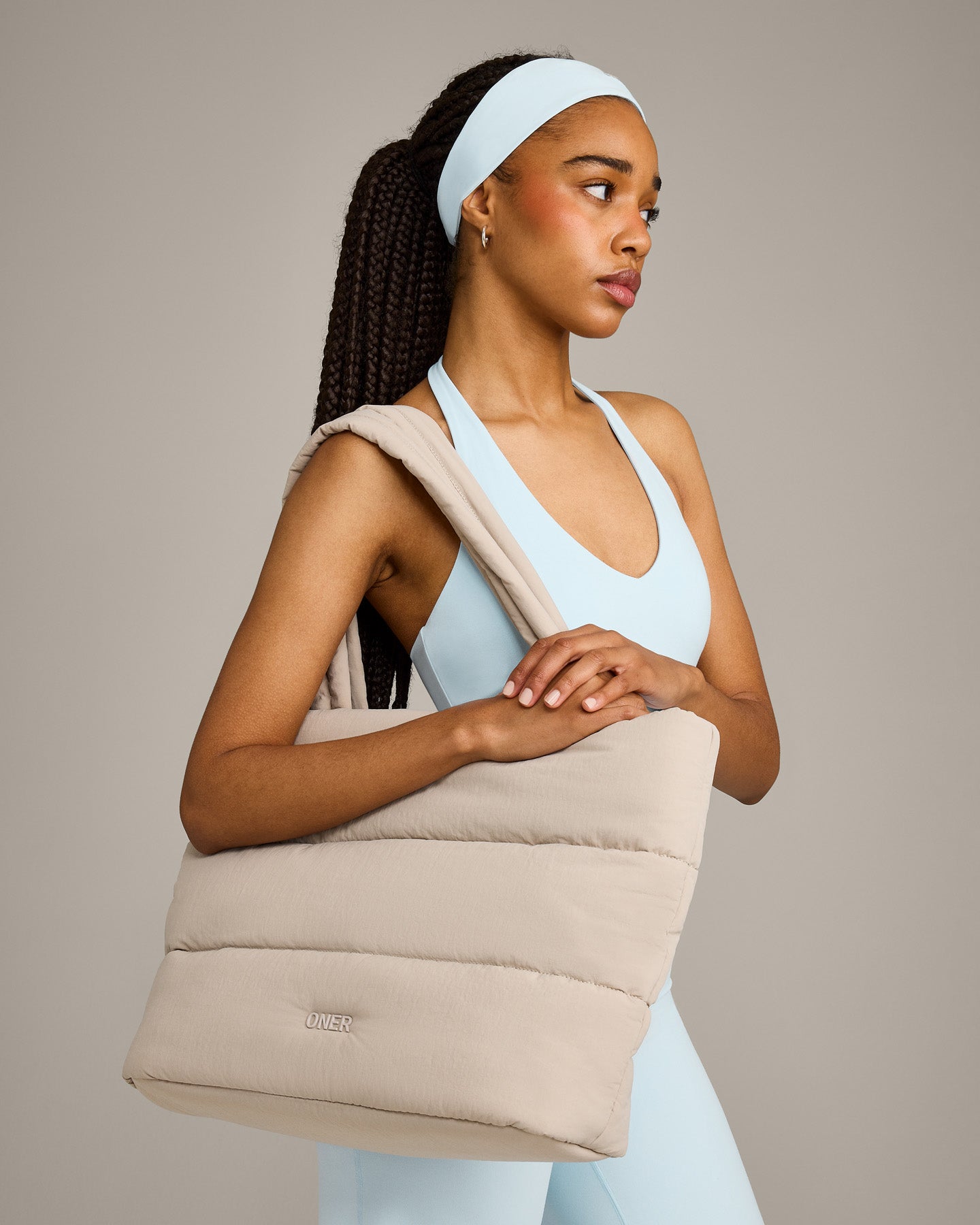 SoftMotion™ Halter Neck Mid Tank Top with Built in Bra Shelf with Gray Logo | Cloud Blue