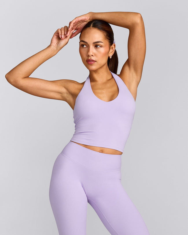 SoftMotion™ Halter Neck Mid Tank Top with Built in Bra Shelf with Gray Logo | Lavender Purple