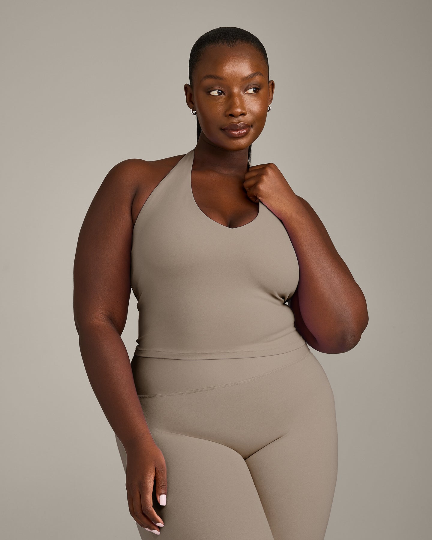 SoftMotion™ Halter Neck Mid Tank Top with Built in Bra Shelf with Gray Logo | Minky