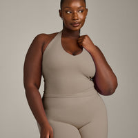 SoftMotion™ Halter Neck Mid Tank Top with Built in Bra Shelf with Gray Logo | Minky