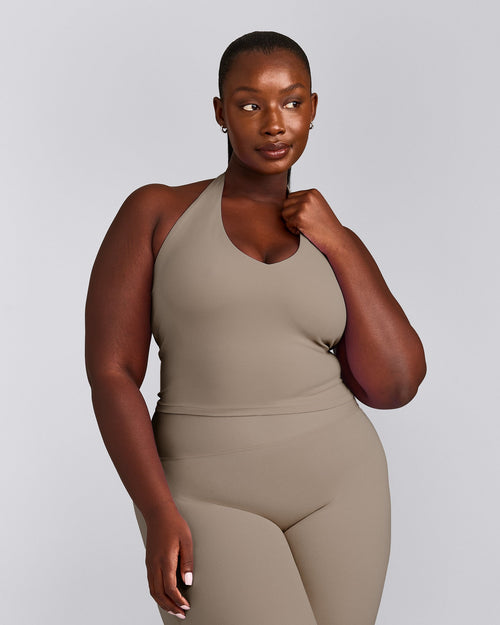 SoftMotion™ Halter Neck Mid Tank Top with Built in Bra Shelf with Gray Logo | Minky