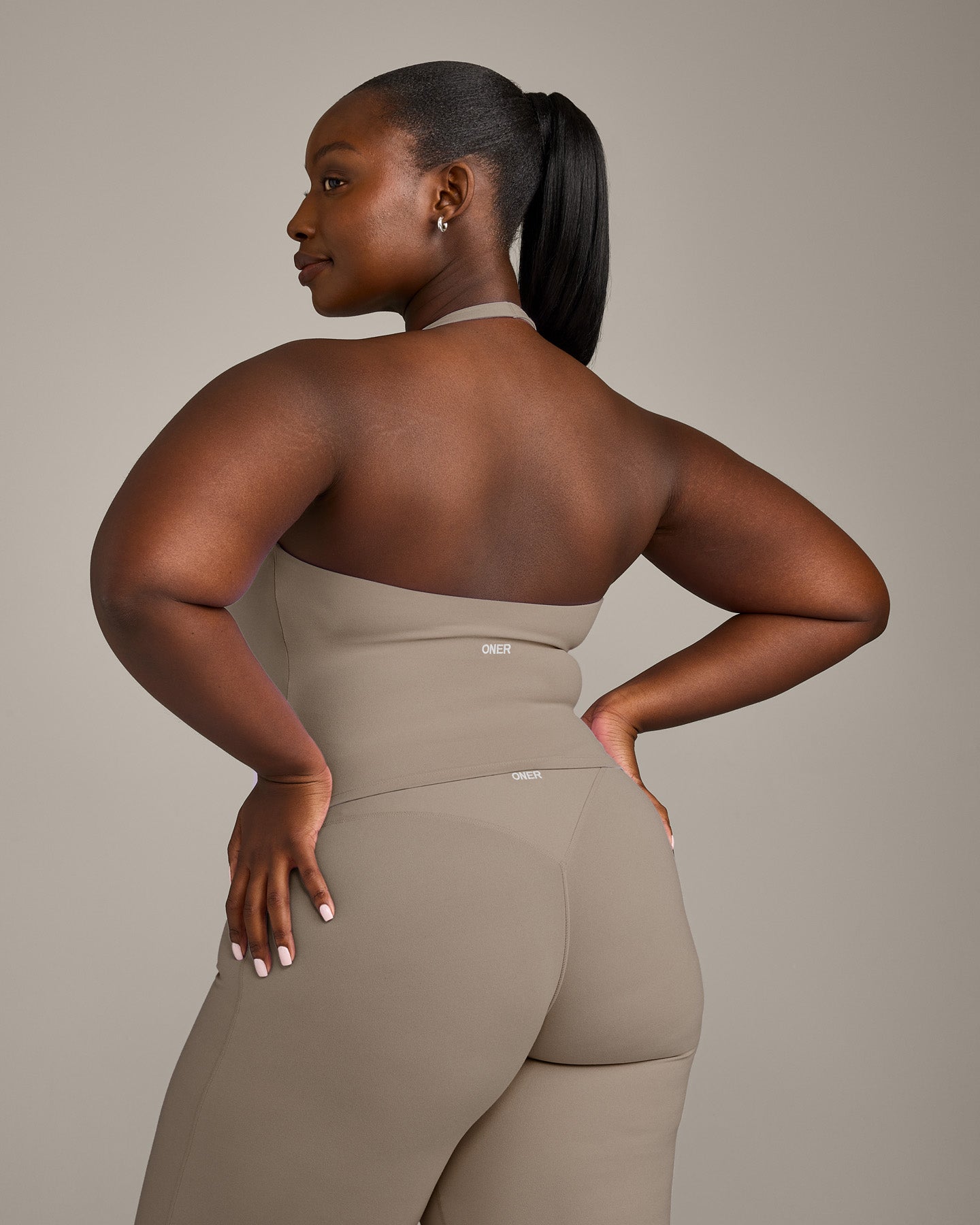 SoftMotion™ Halter Neck Mid Tank Top with Built in Bra Shelf with Gray Logo | Minky