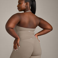 SoftMotion™ Halter Neck Mid Tank Top with Built in Bra Shelf with Gray Logo | Minky