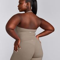 SoftMotion™ Halter Neck Mid Tank Top with Built in Bra Shelf with Gray Logo | Minky
