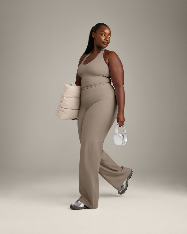 SoftMotion™ Halter Neck Mid Tank Top with Built in Bra Shelf with Gray Logo | Minky