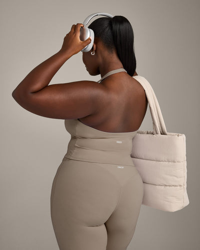 SoftMotion™ Halter Neck Mid Tank Top with Built in Bra Shelf with Gray Logo | Minky