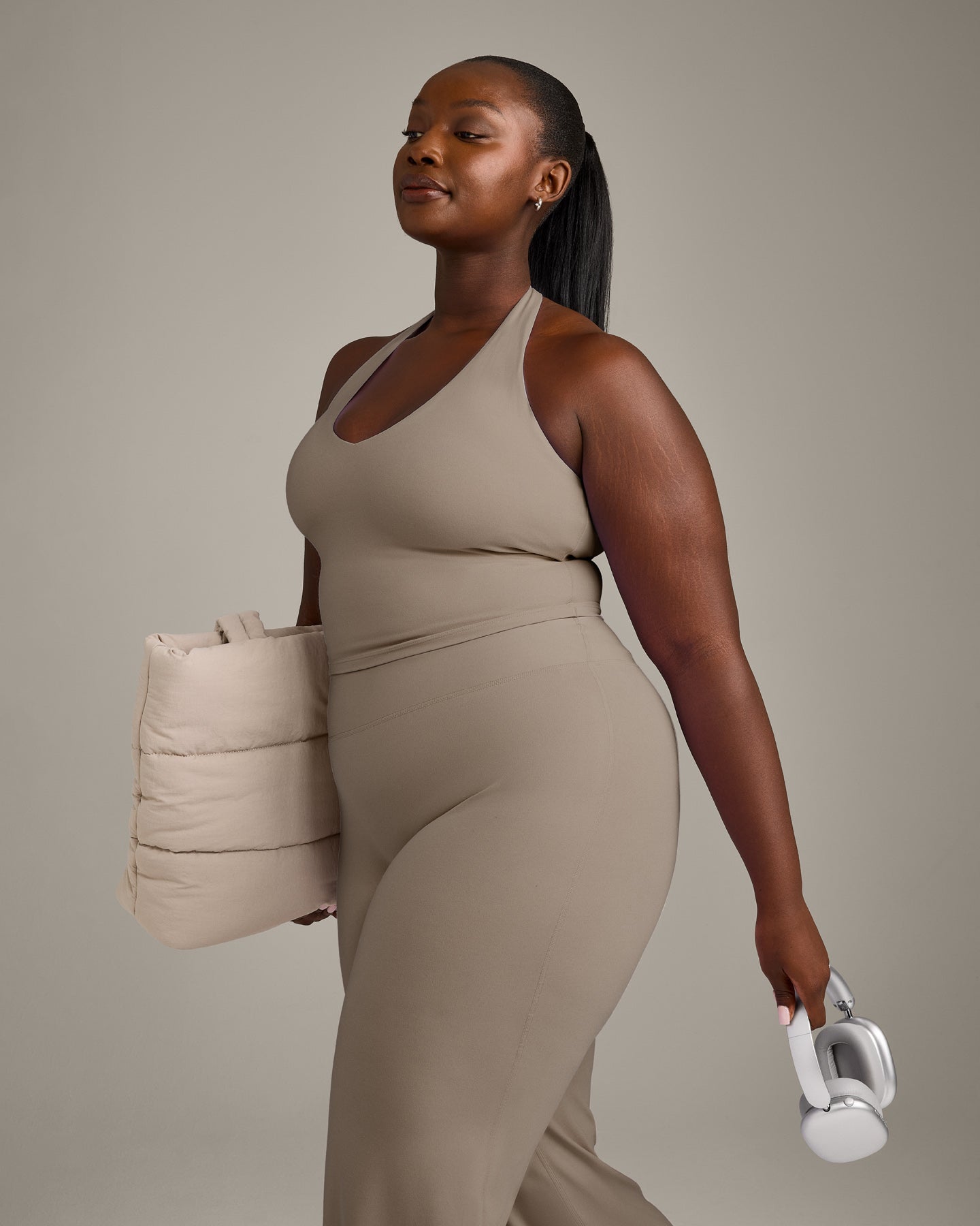 SoftMotion™ Halter Neck Mid Tank Top with Built in Bra Shelf with Gray Logo | Minky